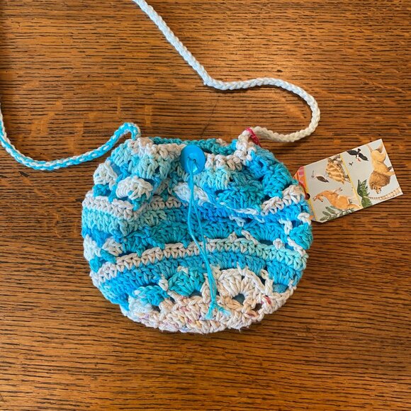 Handmade crochet cross-body bag striped cinch closure polka dot lining - Picture 3 of 7